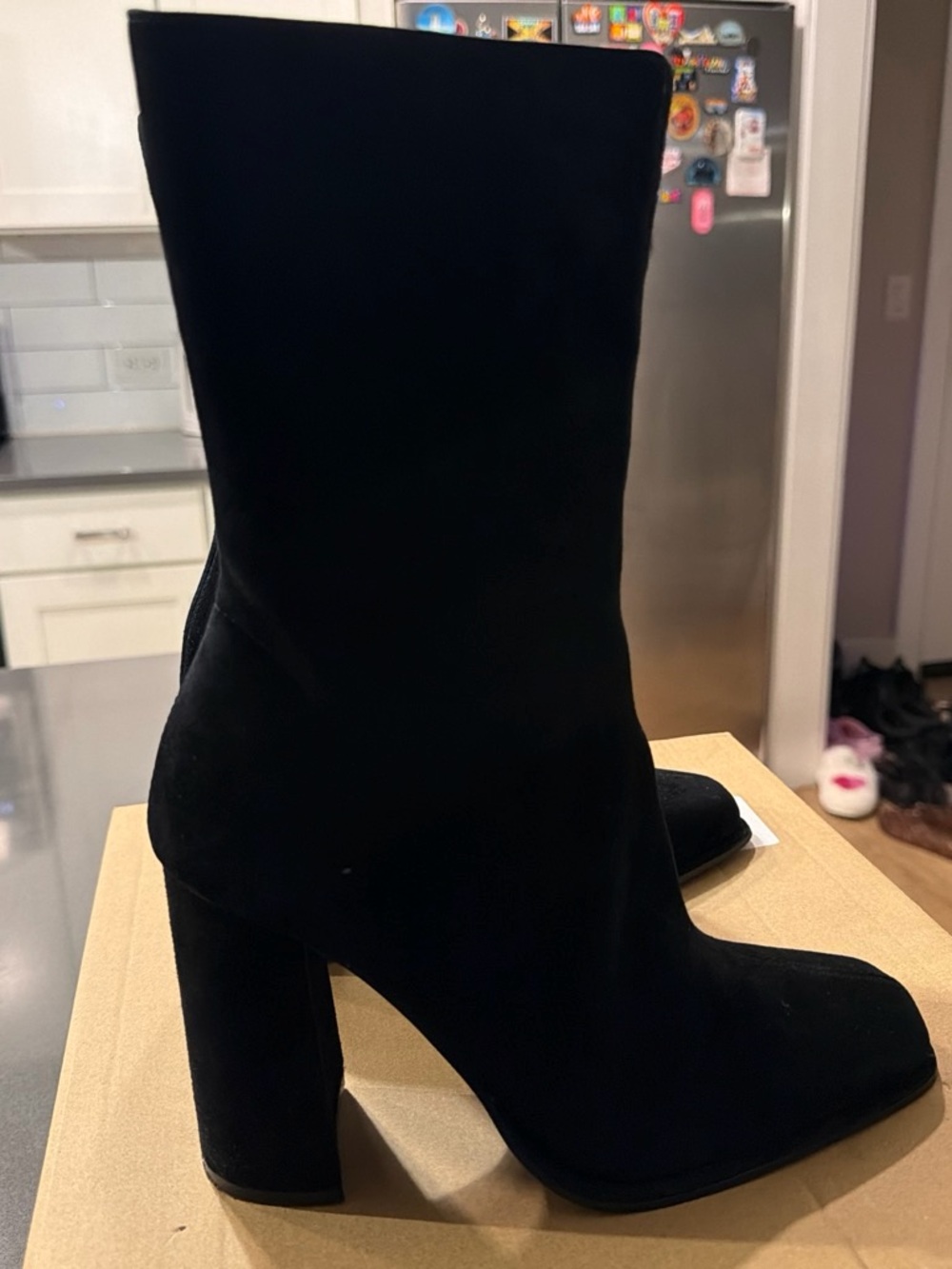 Steve Madden Black Suede Mid-Calf Block Heel Boots